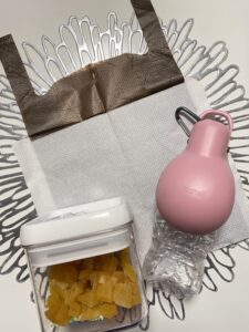 エチケット袋、水、おやつ